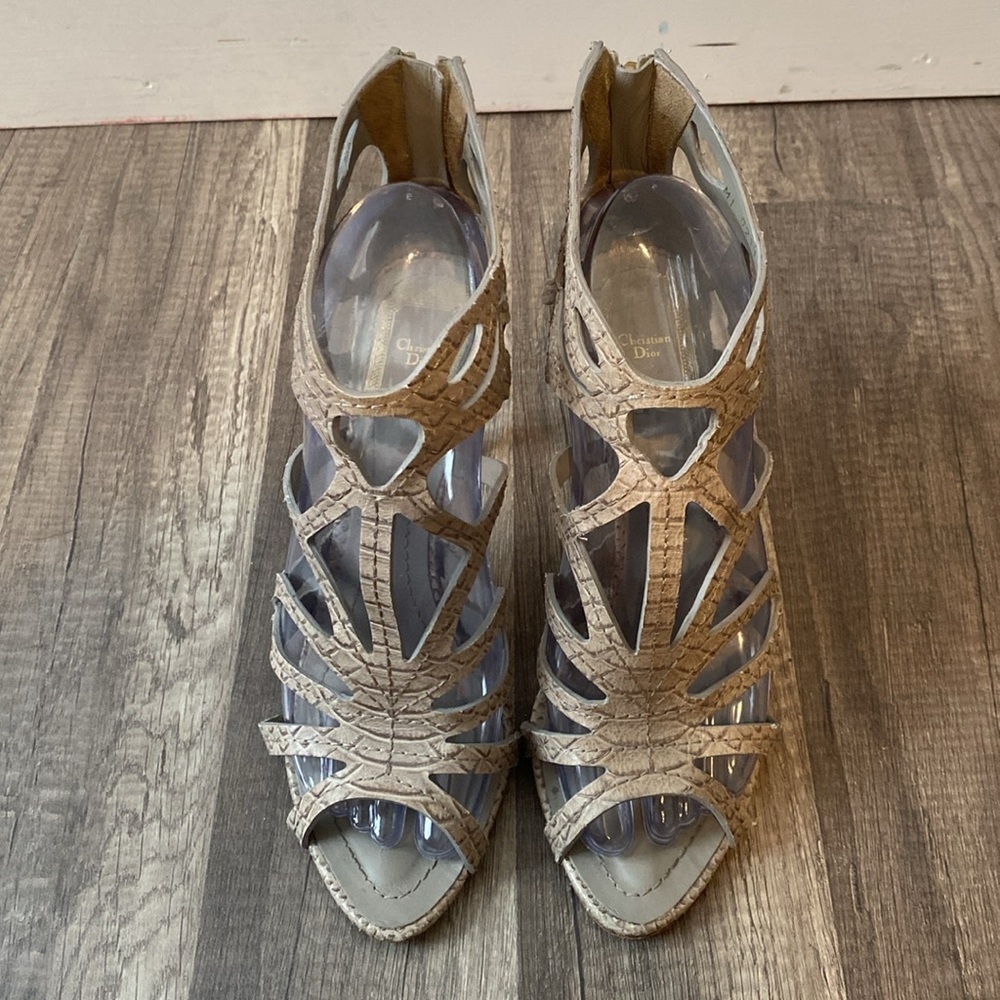 CHRISTIAN DIOR Paradis Python Embossed Leather Sandals Heels 37.5 Grey Cut Out - Picture 5 of 8
